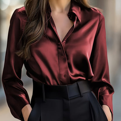 Elegant Black Satin Long Sleeve Blouse for Women - Smooth Polyester Fabric, Button-Up Collar Shirt, Machine Washable, Perfect for Casual or Professional Wear