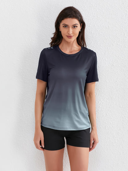 Women's Ombre Sports Tee, Gradient Shades, Casual Athletic T-Shirt, Short-Sleeve, Quick Dry, Breathable Fabric, Gym Wear, Running Top