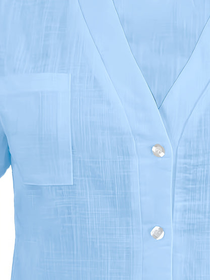 Women's Casual Blouse - Soft Pink Everyday shirt, Button-Front Placket, Non-Stretch Fabric for Office, Brunch, Lounge - Machine Washable All-Season Women's Blouse, Office Attire, Textured Fabric, Comfortable Wear, Versatile T