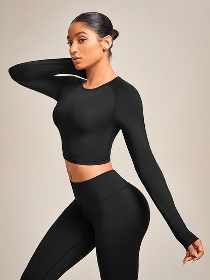 Solid Color Breathable T-Shirt, Long Sleeves Round Neck Slim Fit Yoga Top, Women's Comfy Tee