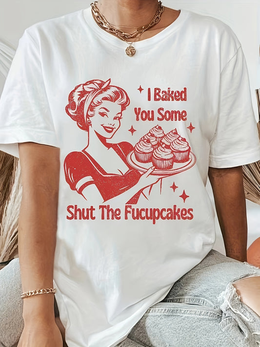 Print Casual T-Shirt, Round Neck Short Sleeves Slight Stretch Tee, Women's Activewear