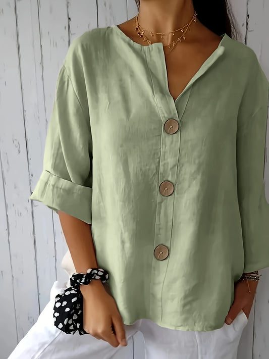 Women's Mint Green Button-Up Blouse - Loose Fit Non-Stretch Shirt, Elegant Casual Button Front for Everyday, Office, Vacation - Breathable All-Season Top, Versatile Shirt, Round Neckline, Durable Construction, Stylish Shirt,