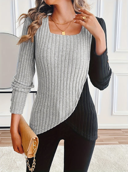 Women'S Casual Square Neck Long Sleeve Top, Asymmetrical Solid Color Knit Polyester Blouse with Spandex, Fashionable Spring/Fall Outerwear, 230gsm Fabric Weight