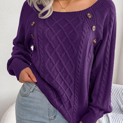 Women's Casual Square Neck Sweater - Smooth Acrylic Knit Fabric, Medium Stretch, Regular Length | Hand Wash or Professional Dry Clean | Button Detail