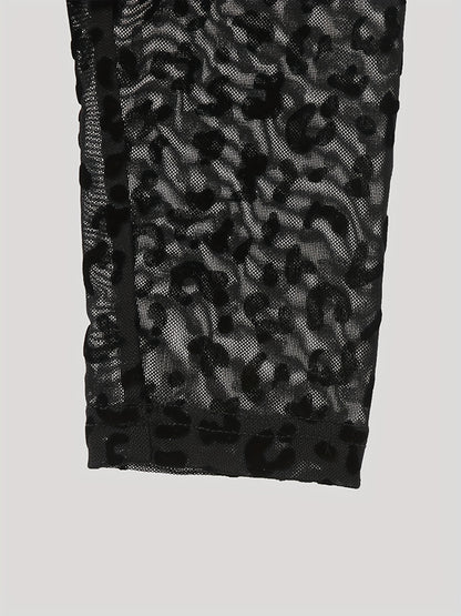 Mens O-neck Mesh Shirt Leopard Pattern See Through Blouse Party Sexy Shirt Pullover