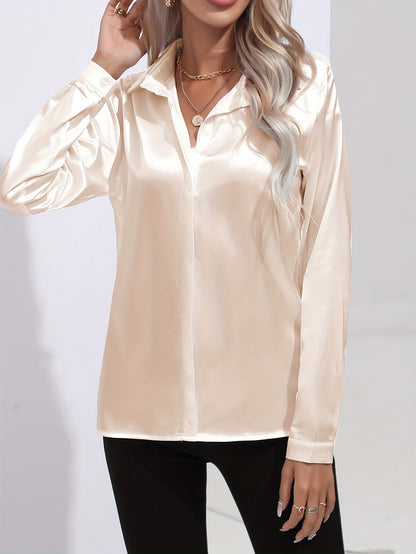 Solid Color Button Up Shirt, Elegant Long Sleeve Collared Blouse For Spring & Fall, Women's Clothing