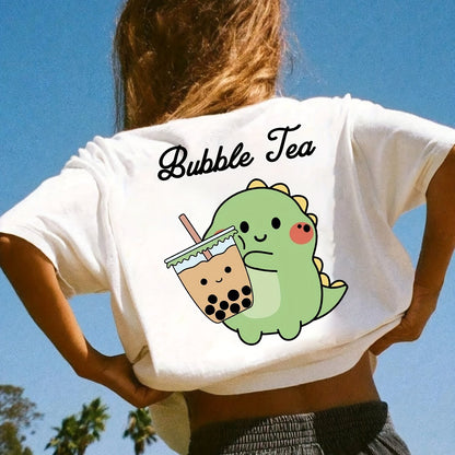 Cartoon Frog With Bubble Tea Graphic Print Creative T-Shirts, Soft & Elastic Comfy Crew Neck Short Sleeve Tee, Girls' Summer Tops, Suitable For Daily Wear