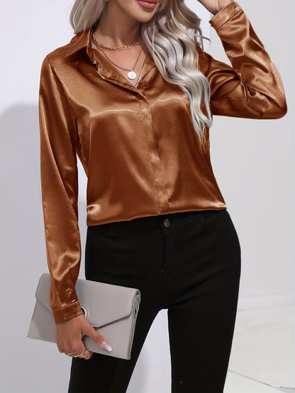 Solid Color Button Up Shirt, Elegant Long Sleeve Collared Blouse For Spring & Fall, Women's Clothing