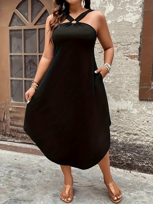 Women's Plus Size Elegant Halter Neck Maxi Dress - Formal or Casual Party, Beach, Everyday Outfits - Machine Washable Polyester Evening Gown for Women, Dresses for Beach, Summer Outfit, Tieback Fashion, Flowy Skirt Style