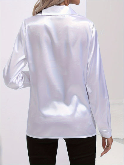 Solid Color Button Up Shirt, Elegant Long Sleeve Collared Blouse For Spring & Fall, Women's Clothing
