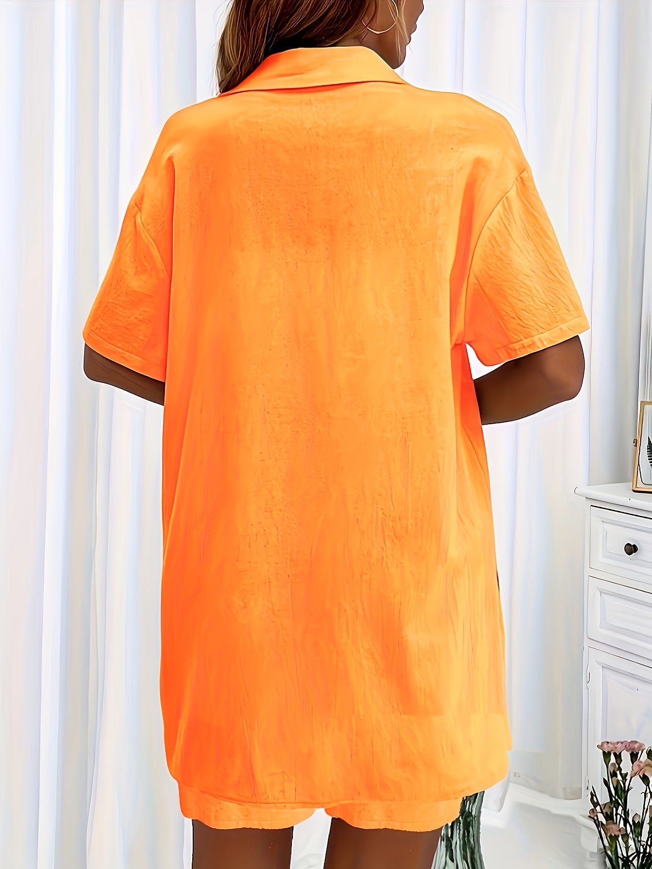 Casual Matching Two-piece Set, Short Sleeve Blouse & Drawstring Shorts Outfits, Women's Clothing