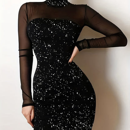 Sultry Sheer Splicing Bodycon Dress - Women's Sexy High Collar Long Sleeve Evening Dresses - Form-Fitting, Stretchy, Solid Color, Backless Design for a Night Out