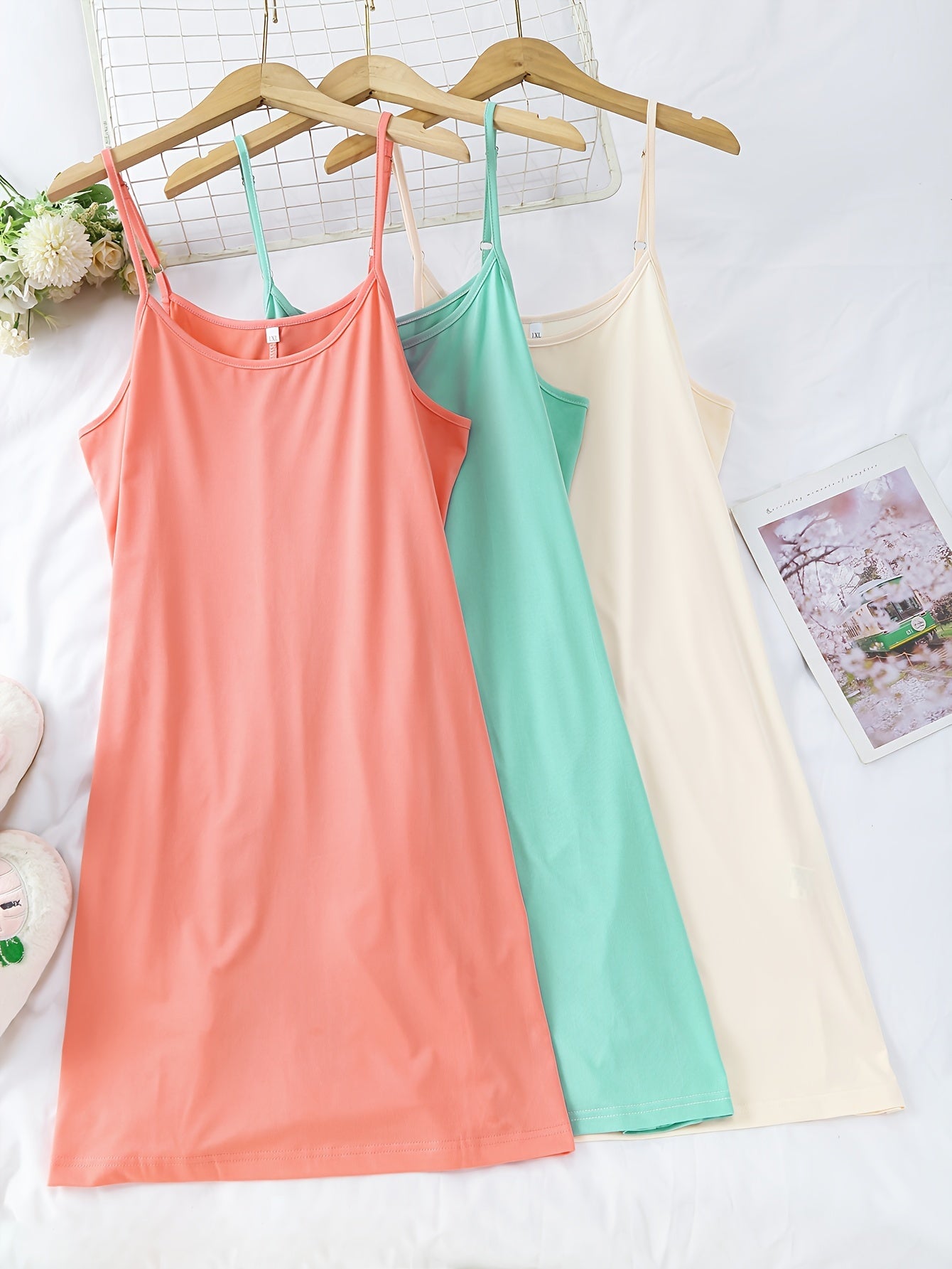 3 Pack Plus Size Cozy Nightdress Set - Women's Solid Plain Round Neck Cami Sleep Dresses with Three Piece Set, Soft Fabric, Comfortable Wear, and Relaxing Sleep Experience