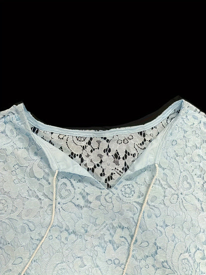 Plus Size Boho Blouse, Women's Plus Solid Lace Lantern Sleeve Tassel Trim V Neck Tunic Shirt Top