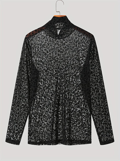 Mens O-neck Mesh Shirt Leopard Pattern See Through Blouse Party Sexy Shirt Pullover