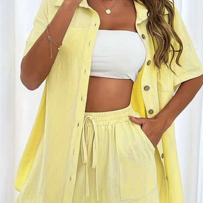 Casual Matching Two-piece Set, Short Sleeve Blouse & Drawstring Shorts Outfits, Women's Clothing