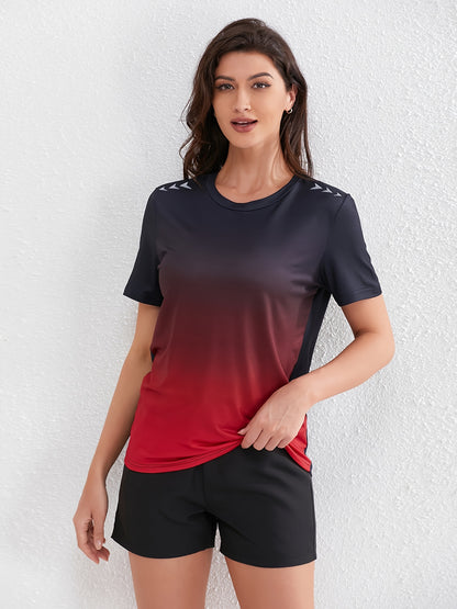 Women's Ombre Sports Tee, Gradient Shades, Casual Athletic T-Shirt, Short-Sleeve, Quick Dry, Breathable Fabric, Gym Wear, Running Top