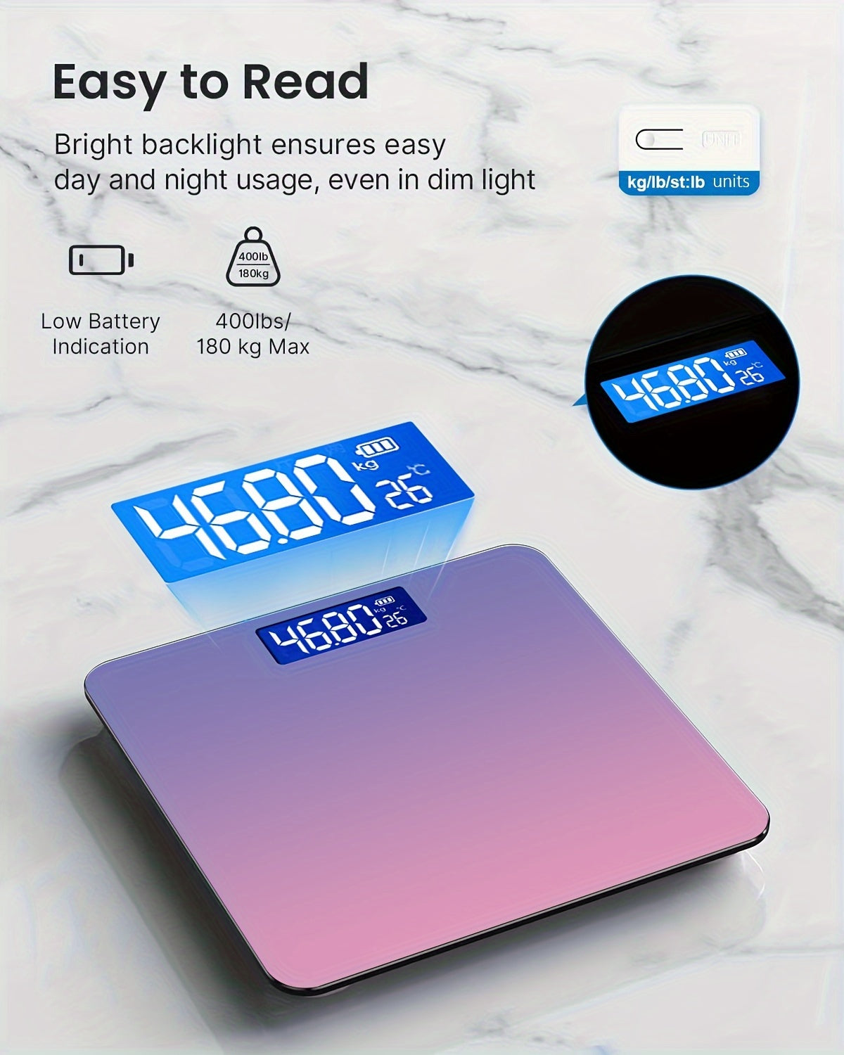 1pc Digital Bathroom Scale With Temperature - Highly Accurate Body Weight Scale With Lighted LCD Display, Round Corner Design, 400 Lb, 3 Weighing Units: LB/KG/ST:LB DispLay - For Home Use - Ideal Gift for Health-Conscious Ind