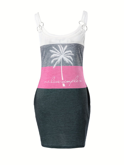 Vibrant Color Block Coconut Tree Print Cami Dress - Women's Casual Spaghetti Strap Dresses for Summer - Relaxed Fit, V-Neck, Short Sleeve, Above Knee Length, Easy Wear