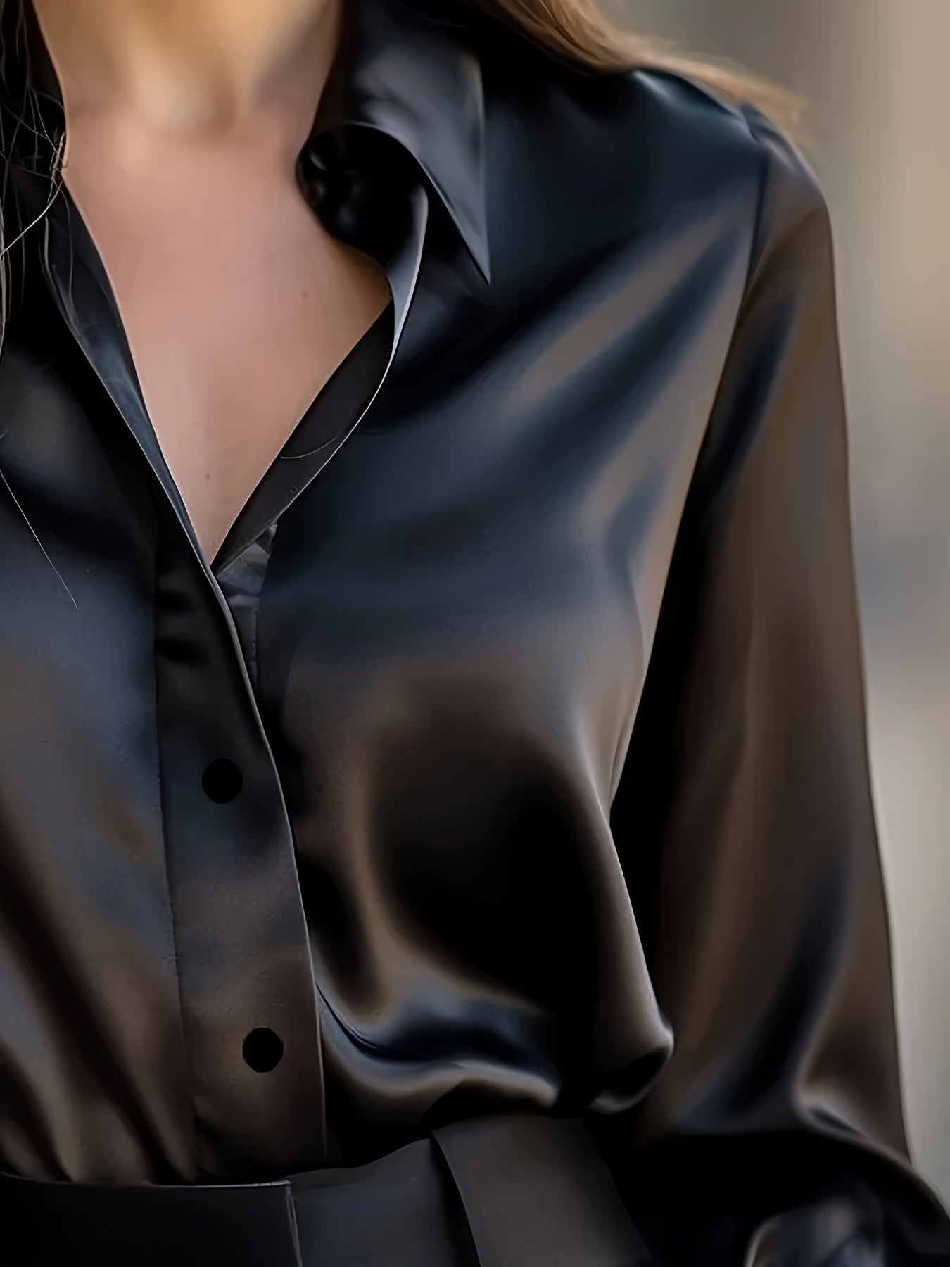 Elegant Black Satin Long Sleeve Blouse for Women - Smooth Polyester Fabric, Button-Up Collar Shirt, Machine Washable, Perfect for Casual or Professional Wear