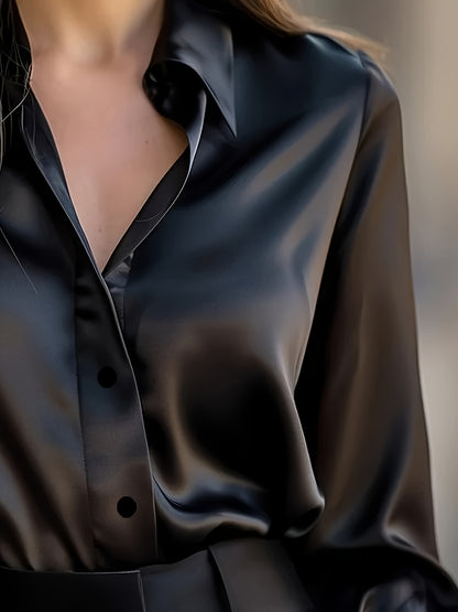 Elegant Black Satin Long Sleeve Blouse for Women - Smooth Polyester Fabric, Button-Up Collar Shirt, Machine Washable, Perfect for Casual or Professional Wear