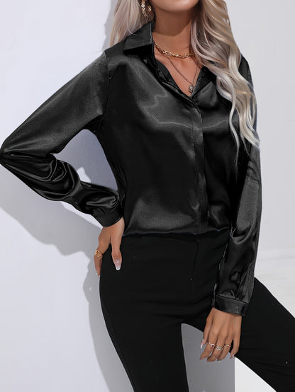 Solid Color Button Up Shirt, Elegant Long Sleeve Collared Blouse For Spring & Fall, Women's Clothing