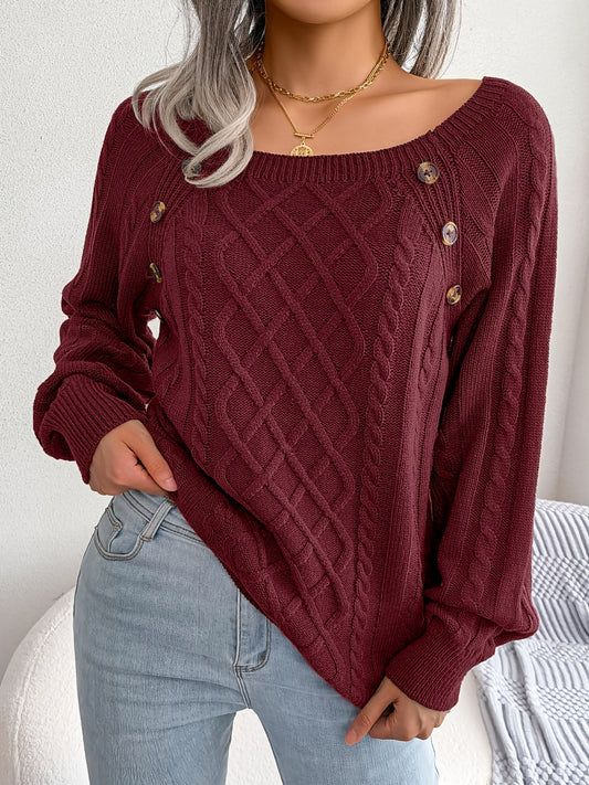 Women's Casual Square Neck Sweater - Smooth Acrylic Knit Fabric, Medium Stretch, Regular Length | Hand Wash or Professional Dry Clean | Button Detail