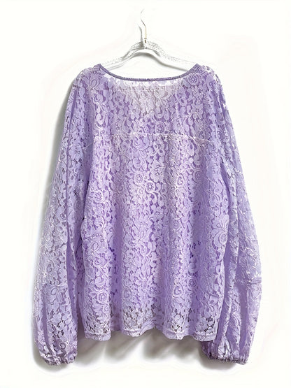 Plus Size Boho Blouse, Women's Plus Solid Lace Lantern Sleeve Tassel Trim V Neck Tunic Shirt Top