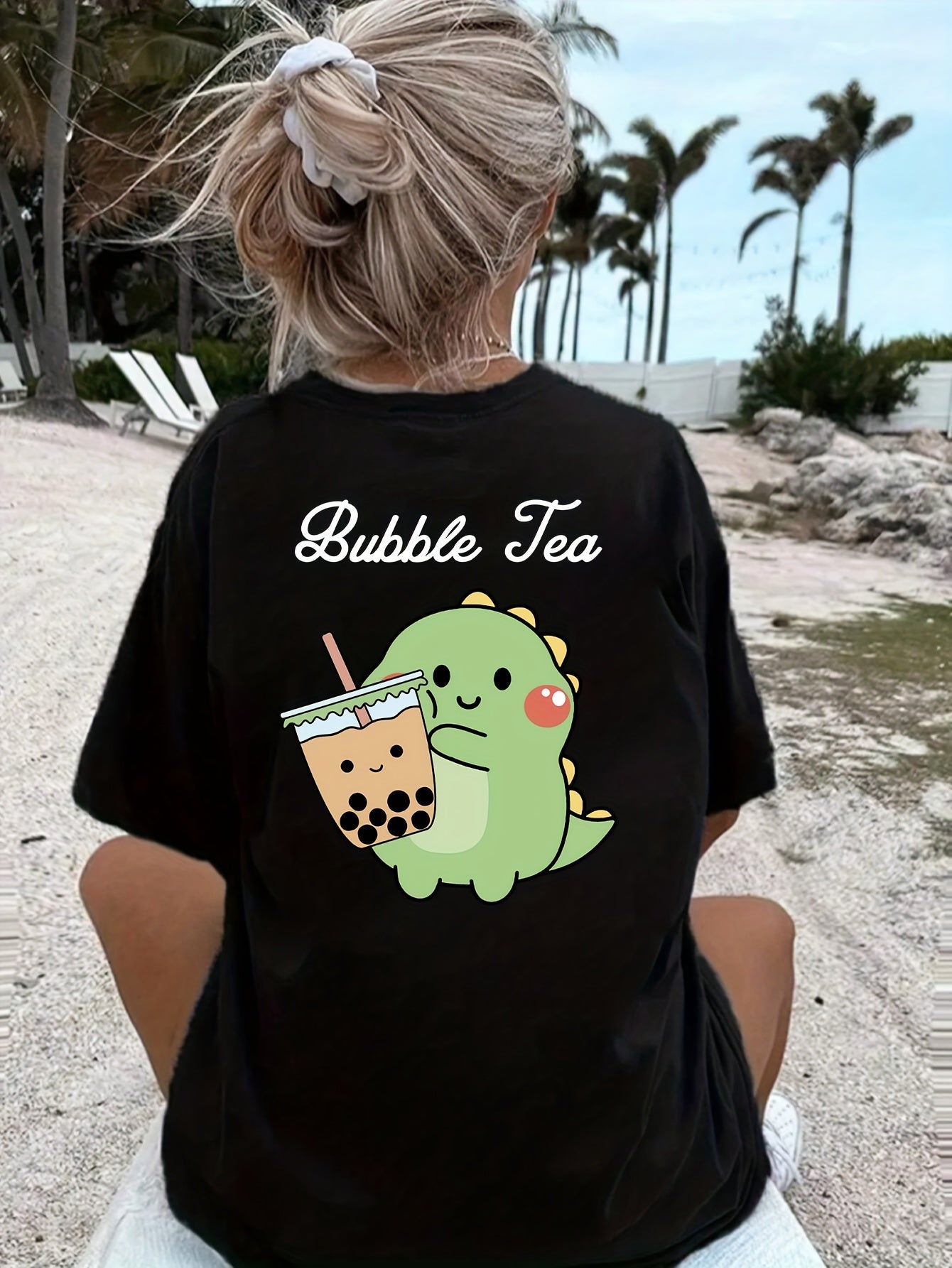 Cartoon Frog With Bubble Tea Graphic Print Creative T-Shirts, Soft & Elastic Comfy Crew Neck Short Sleeve Tee, Girls' Summer Tops, Suitable For Daily Wear