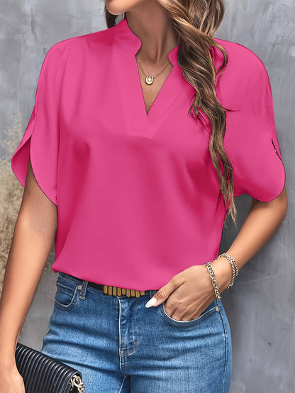 Solid Color Notch Neck Blouse, Casual Short Split Sleeve Blouse For Spring & Summer, Women's Clothing
