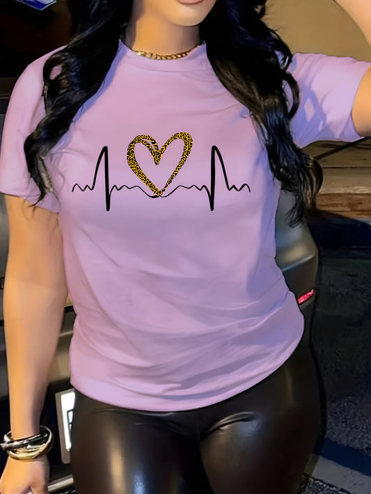 Leopard Heart Print Comfy T-Shirt, Round Neck Short Sleeve Sports Tee, Women's Activewear