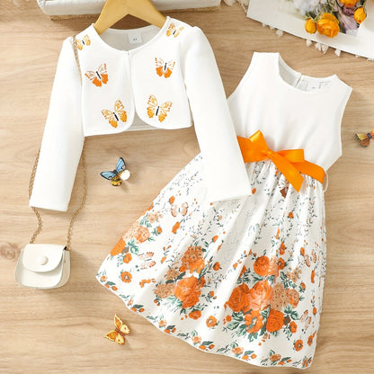 2pcs Little Girl Butterfly Dresses Outfit: Floral Tank Dress And Graphic Cardigan Top Set, For Cute And Casual Look, Kids Clothing Gift