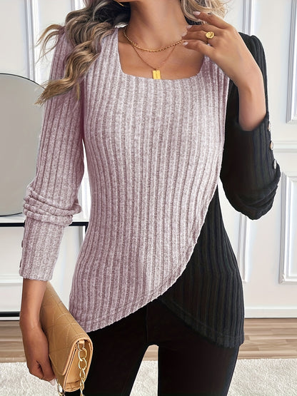 Women'S Casual Square Neck Long Sleeve Top, Asymmetrical Solid Color Knit Polyester Blouse with Spandex, Fashionable Spring/Fall Outerwear, 230gsm Fabric Weight
