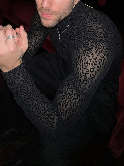 Mens O-neck Mesh Shirt Leopard Pattern See Through Blouse Party Sexy Shirt Pullover