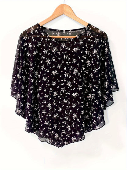 Floral Print Semi-sheer Blouse, Elegant Batwing Sleeve Irregular Hem Top For Spring & Summer, Women's Clothing